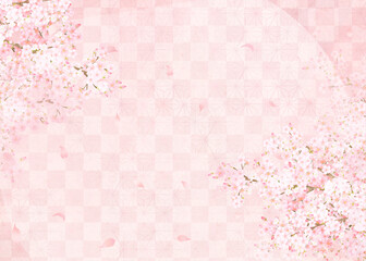 Fototapeta na wymiar 美しい桜ーピンク色ー市松模様ー和紙の壁紙ー豪華絢爛背景素材フレーム