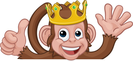 Obraz premium Monkey King Crown Thumbs Up Waving Sign Cartoon
