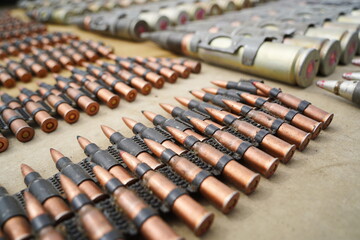 Almaty, Kazakhstan - 04.14.2022 : Ammunition is stacked in a row during military exercises.