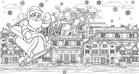 Santa Claus Christmas Street Scene Coloring Page