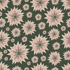 seamless pattern flowers on a green background, floral ornament, print for fabric and wallpaper, pattern for stationery, flat design plant elements, botanical background