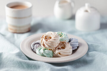 Close up of delicious meringues on the table. 
