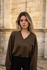 Close up photo of young beautiful woman. Portrait at outside.