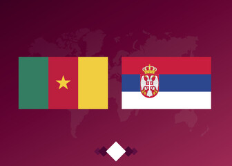 Obraz premium Football poster of the match between the teams of Cameroon and Serbia. Background with world map.