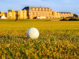 One white golf-ball in foreground on fairway of golf course with club building in background