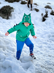 Boy playing on snow covered land during holiday