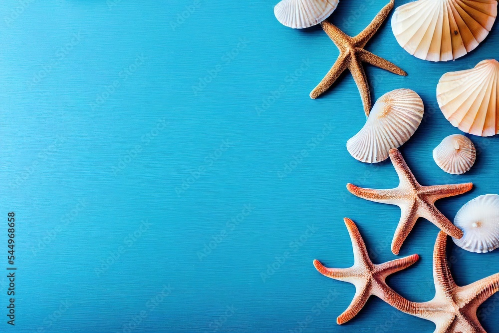 Aufkleber a group of sea shells on a blue background with a place for text or image to be placed on. generativ