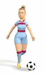 a football player girl runs with a ball on a white background 3d-rendering