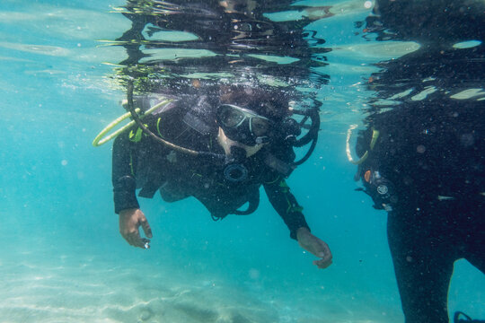Son and father swimming in ocean