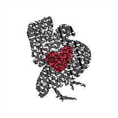 abstract little chicken illustration with red heart sign