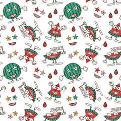 Retro cartoon funny watermelon characters. Seamless pattern y2k, 90s comic smile faces.Vector background.
