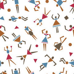 Funny characters from the geometric shapes. Playful people isolated on white background. Vector seamless pattern.