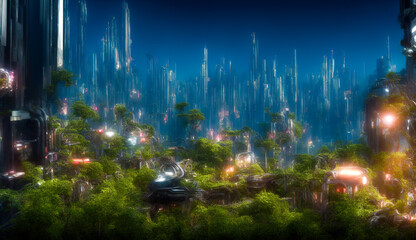 Obraz premium City of future.Tall gloomy skyscrapers