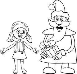 cartoon Santa Claus giving a gift to little girl coloring page