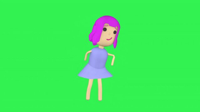 3D animation, the girl is walking. modern minimalistic design with flowing motion on green background. Green screen. Character animation.
