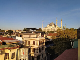Istanbul city view on mosque with Sultanahmet district against sky. Sunset in Istanbul, Turkey with...