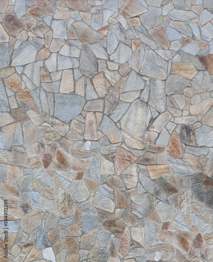 Poster front view of stone wall made of weathered and multi-colored stone slates. abstract high resolution 