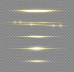 Particle motion effect. Magic of moving fast lines. Golden special effect, speed line. Laser beams, horizontal yellow light rays. Glowing gold flare spark and flash lights. Luminous trail. Vector - obrazy, fototapety, plakaty