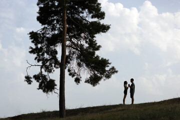 Silhouettes of a couple standing in a field, next to a big tall tree, holding hands.