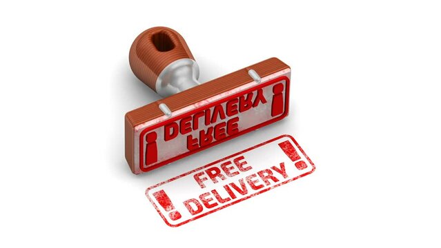Free delivery! The stamp and an imprint. The stamp leaves a red imprint with text: FREE DELIVERY! on a white surface. Footage video