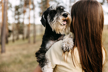 Young brunette woman holding in arms a miniature schnauzer breed dog