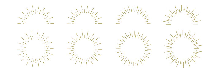 Sunburst emblem. Bursting rays line icon set. Sunrise and sunset concept. Modern style. Vector illustration
