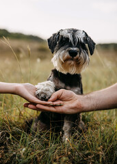 Miniature schnauzer purebred dog giving paw, outdoors.