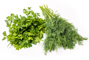 Bunches of fresh dill and parsley. Isolate on a white background