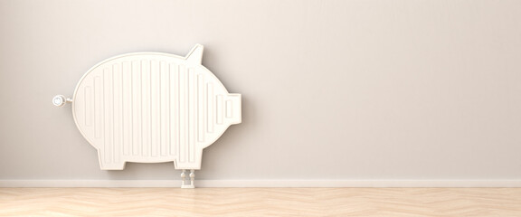 Saving heat energy concept. A radiator in the form of a piggy bank. Copy space available - web...