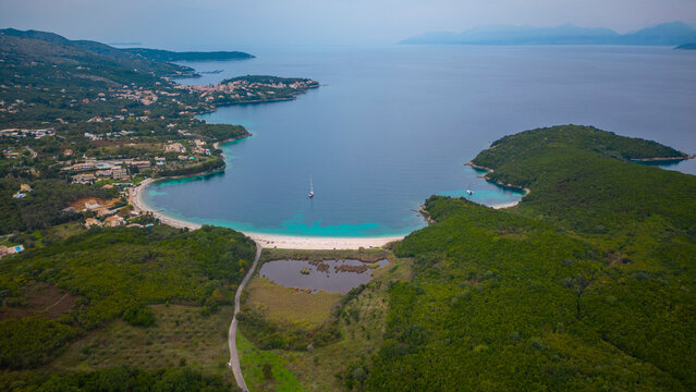 Aerial view of Akoli beach in Corfu Island Greece
