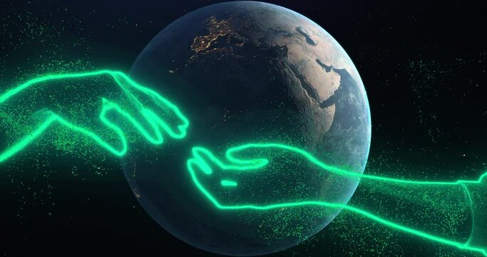 Touching with green funny fingers in space among zoom in planet earth rotating, stars. Two hands reaching each other. Abstraction, 3d render, neon glowing lines and particles.