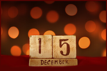 15 December vintage calendar, bokeh lights background