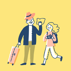 旅行をしている笑顔の男女