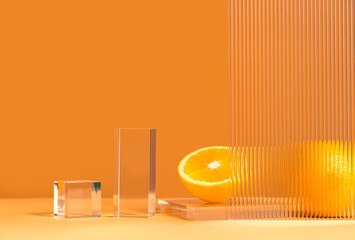 Mockup empty glass stage for product presentation on orange  background. Cosmetic or beauty product...