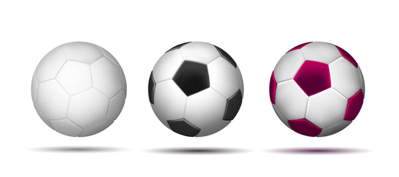 Soccer ball. Football balls Set. Purple, white and black color. Mockup of sports elements.