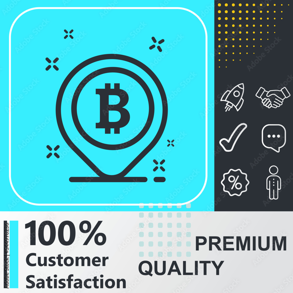Poster map pointer with bitcoin sign icon. social media sign. vector illustration
