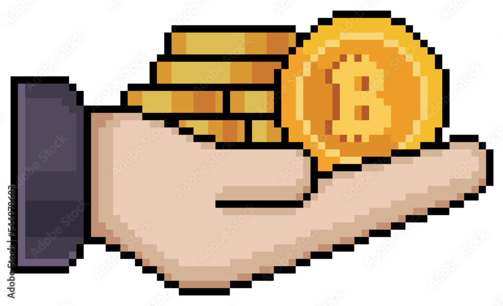 Poster pixel art hand holding stack of bitcoins vector icon for 8bit game on white background