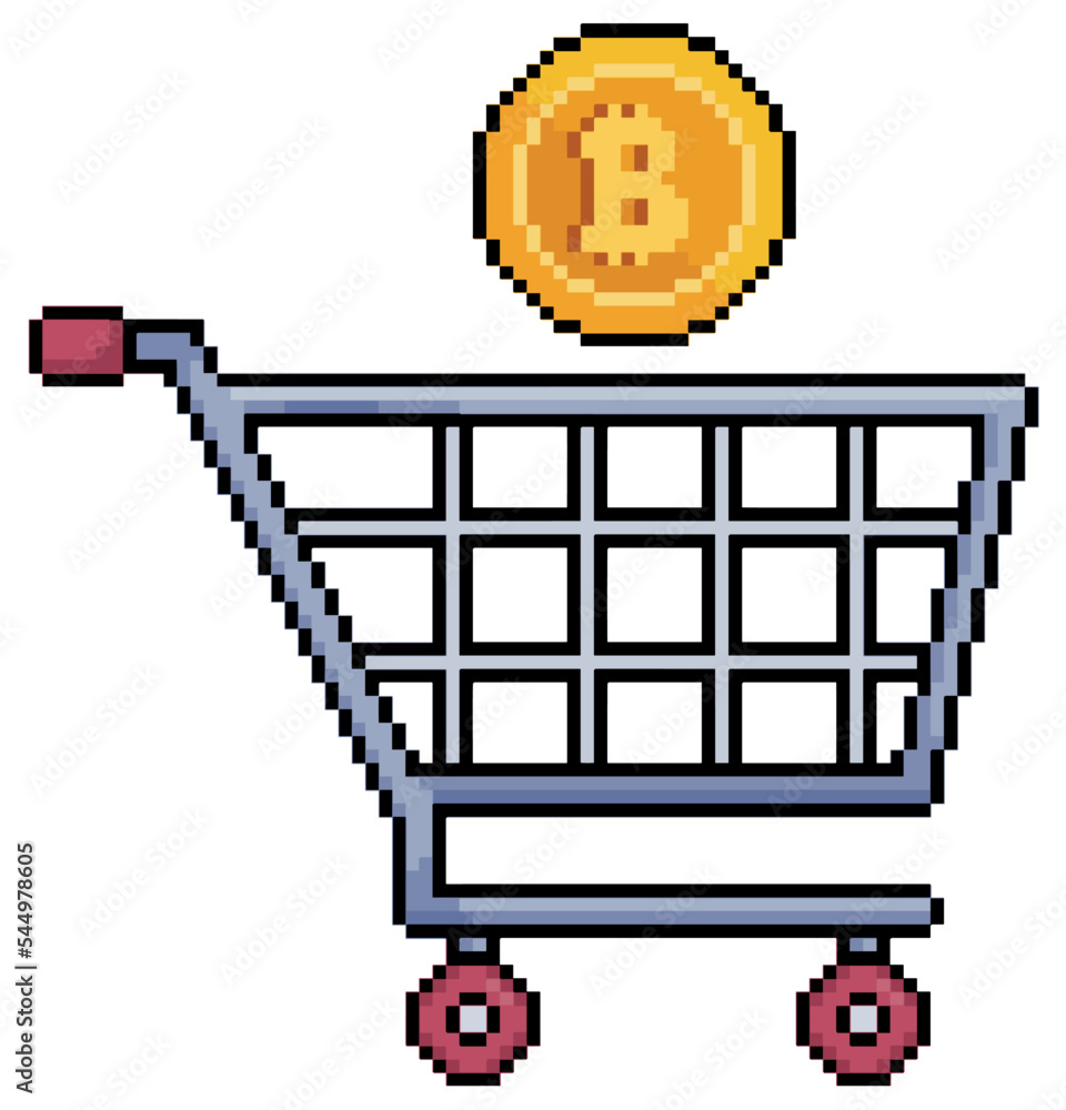 Poster pixel art shopping cart with bitcoin vector icon for 8bit game on white background