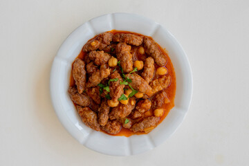 Traditional delicious Turkish food , the food of Mugla region at weddings ; Sour meatballs, minced meat, chickpeas and juicy meatballs.