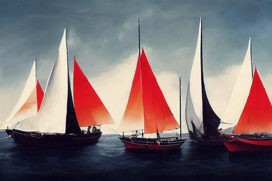 Old wooden ships. Cartoon ancient, sailboats with black, white and red sails.