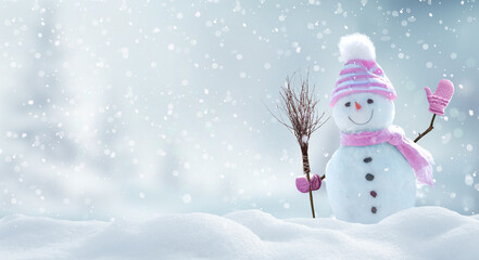 Merry christmas and happy new year greeting card with copy-space.Happy snowman standing in  landscape.Snow background.Winter fairytale.