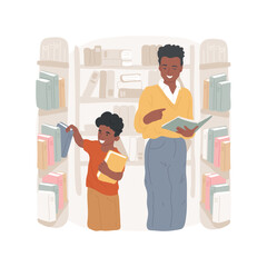 Get books in a library isolated cartoon vector illustration. Child with parents picking book from a library, school supplies, get ready for studies, learning material, education vector cartoon.
