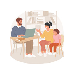 Parent-teacher interview isolated cartoon vector illustration. Parent and kid sit together at the table, discuss child academics, talking about achievement, interview at school vector cartoon.