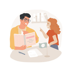 Portfolio review isolated cartoon vector illustration. Elementary student portfolio, child making a creative cover with his name, work collection, teacher reviews achievement vector cartoon.