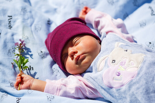 A photo portrait of a baby in a red cap lies on a white plaid on green grass. Spring is on the street, the sun is shining on the child