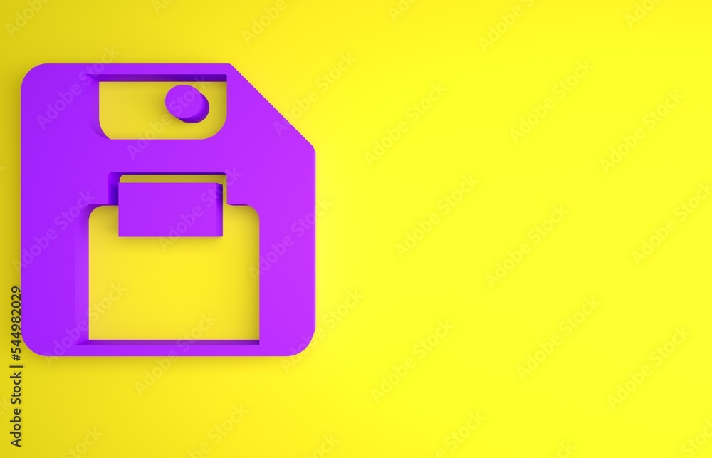 Poster purple floppy disk for computer data storage icon isolated on yellow background. diskette sign. mini
