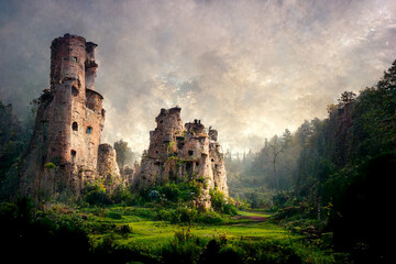 Fototapeta premium Medieval fantasy: castle ruins and wild landscape made with generative AI