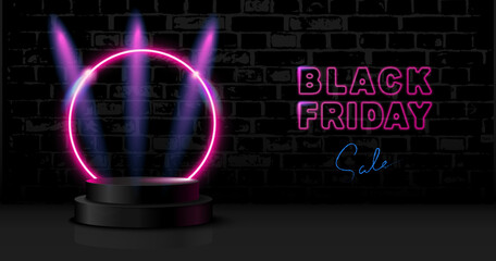 Podium Stage with Pink Neon Round Frame on Black Background of Brick Wall and Neon "Black Friday Sale" Inscription. Horizontal Banner for Black Friday Sale. Vector Illustration.
