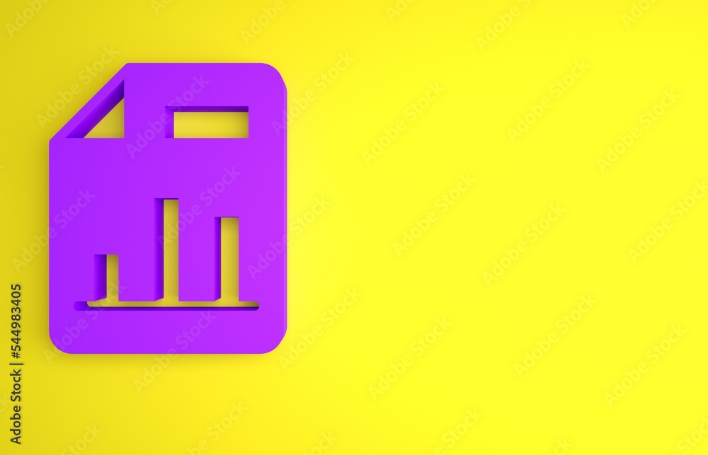Poster purple document with graph chart icon isolated on yellow background. report text file icon. accounti