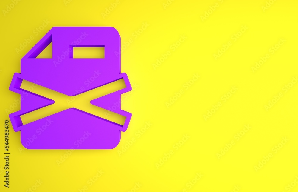 Poster purple delete file document icon isolated on yellow background. rejected document icon. cross on pap